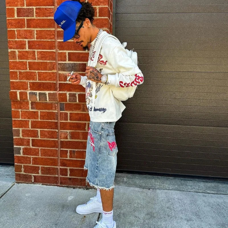 Y2K Graffiti Jorts Rhinestone Distressed Printed Denim Shorts Men Women Trend Retro Hip Hop Streetwear Unisex Baggy Short Pants