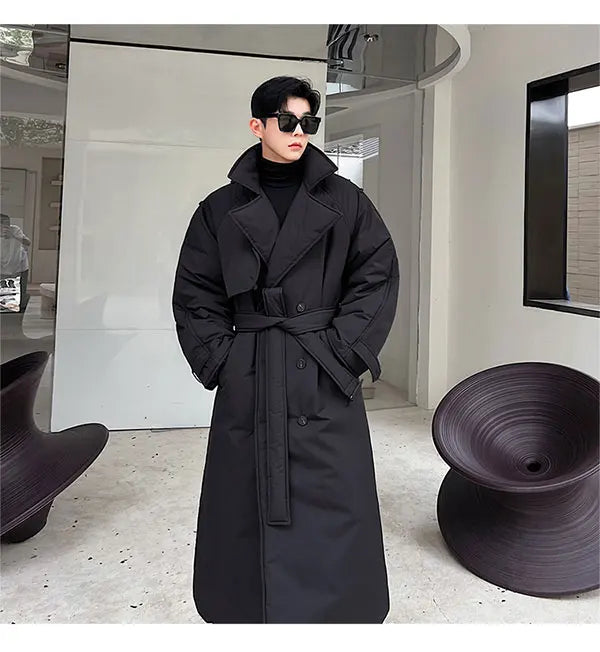 Winter Thickened Long Down Jacket Man's Belt Design Korean Warm Over The Knee Fashionable Long Sleeve Solid Color Cotton Coats