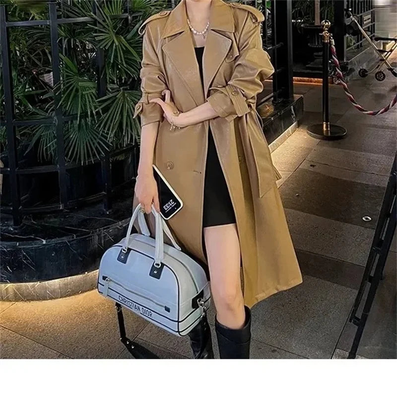 Womens Autumn Classic Double Breasted Long Trench Jacket with Belt Female PU Leather Jacket Lapels Windbreaker Winter Coat for W