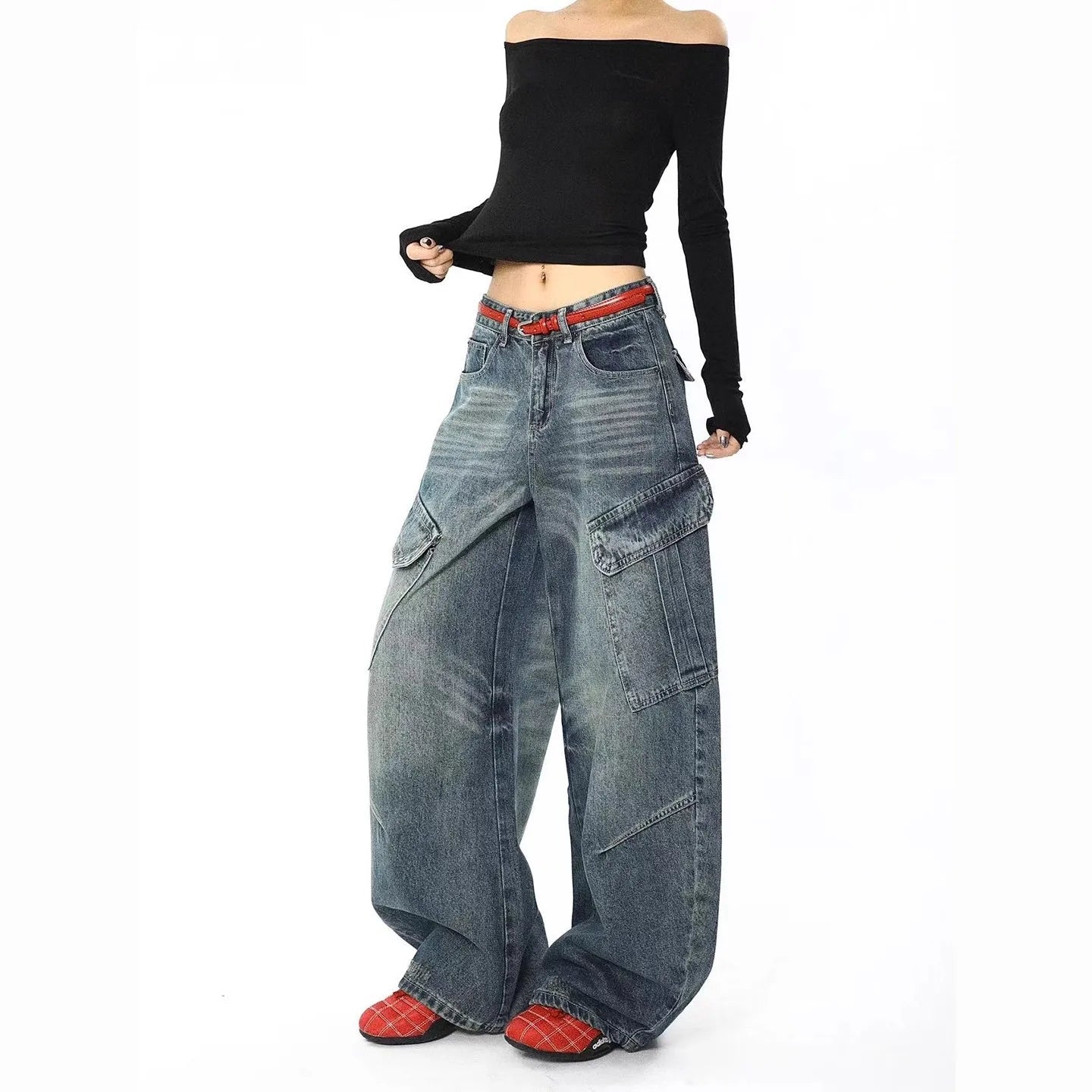 Retro American Straight Leg Loose Fit Wide Leg Workwear Jeans Men's Women's Knife Design Multi-Pocket Casual Loose Drapey