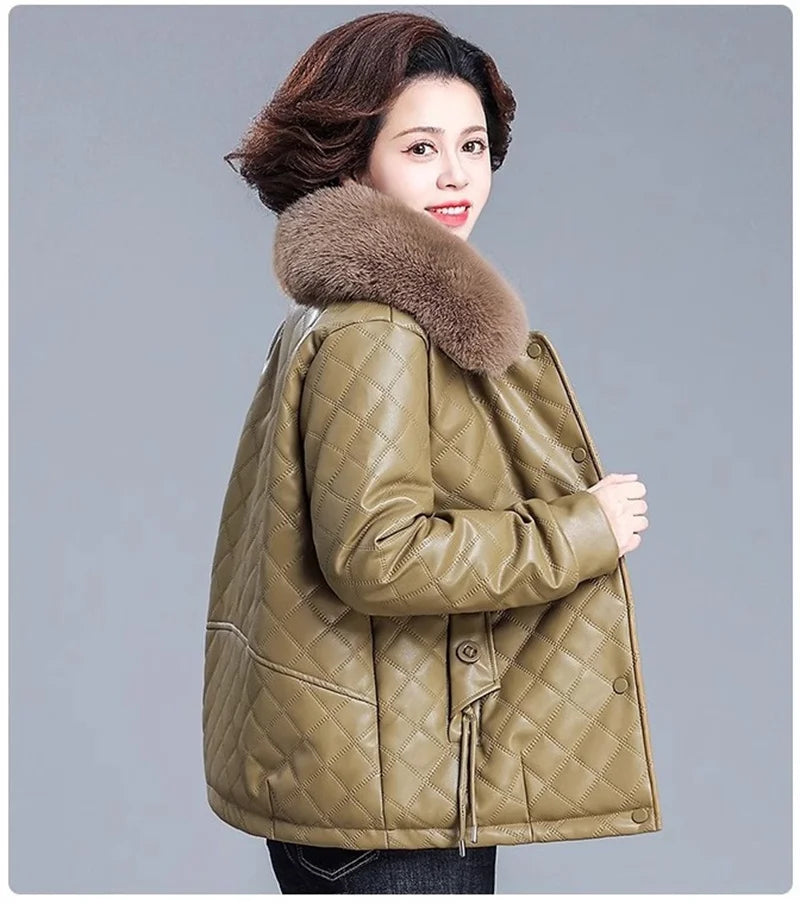 High End Middle Aged Women's Leather Jacket Winter New Thicken Warm Big Fur Collar Faux PU Leather Coat Female Outerwear 5XL