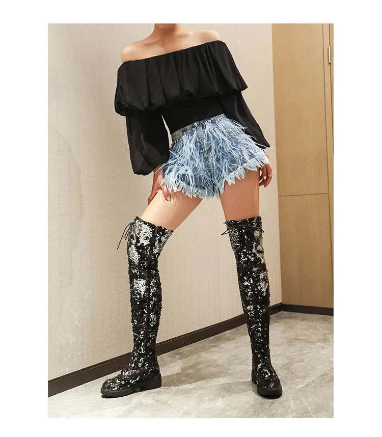 Lowheel Boots For Women Autumn Winter Thick Heels Over-knee-high Boots Shiny Sequined Club Dance Shoes Lace Up Thigh High Boots