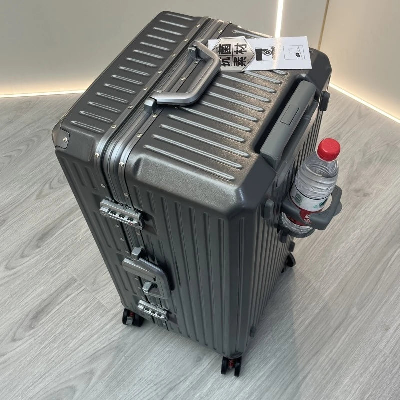 New Suitcase Aluminum Frame Rolling Luggage with Cup Holder Cabin Carrier PC Material Suitcase on Wheels Large Capacity