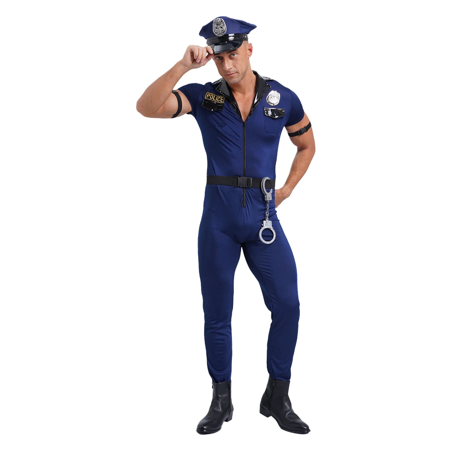 Men Police Uniform Cosplay Outfits Dirty Cop Officer Role Play Policeman Costume Front Zipper Jumpsuit Hat Belt Manacles Badge