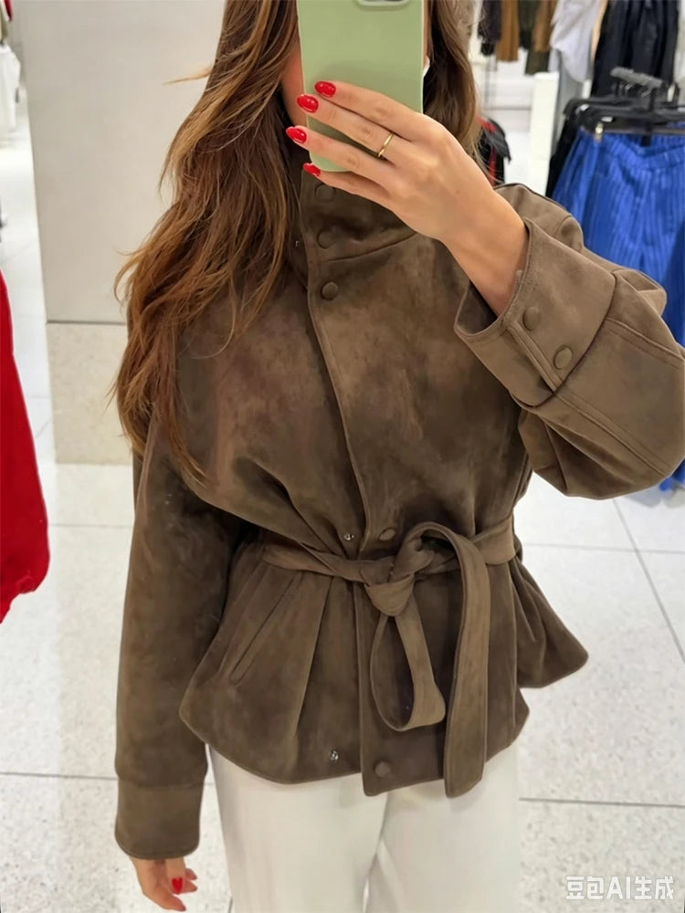 Women Brown Faux Suede Short Jacket Tie‑waist Long Sleeve Vintage Streetwear 2026 Lady New Autumn Winter Casual Outerwear Coat