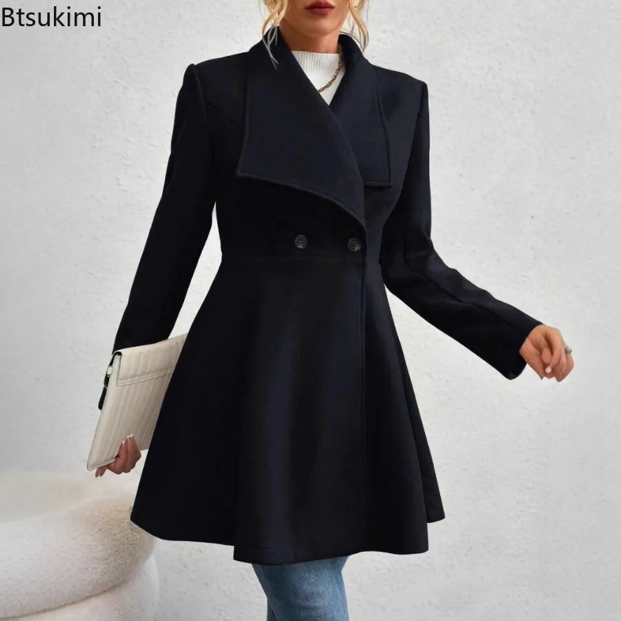 Autumn Winter Women Coat Fashion Solid Color Lapel Collar Single-breasted Slim Fit Female Woolen Coat Mid Length Lady Overcoat