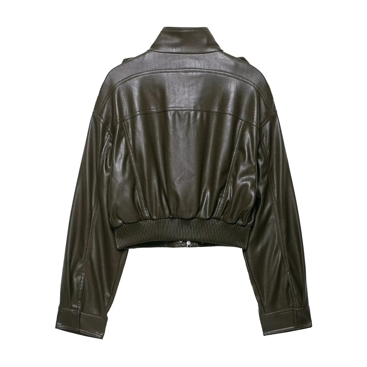 HH Women Faux Leather Cropped Jacket vintage Bomber Jackets With Pockets Long Sleeve Coats Zipper Overcoat Jacket For Woman