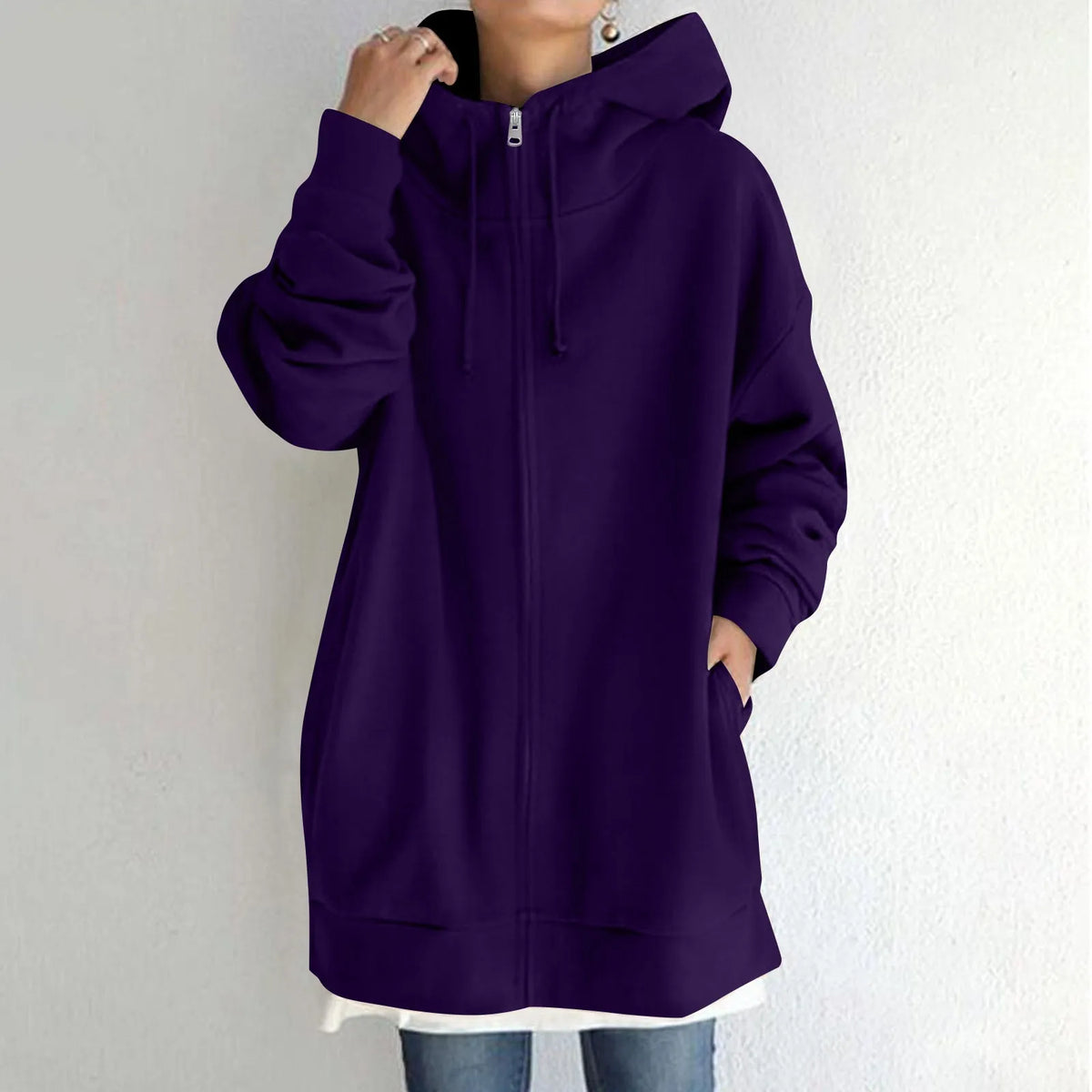 Plus Size Long Hoodies Tunic Fashion Long Sweatshirts Solid Color Fleece Knitted Zip Up Jackets With Pockets For Women