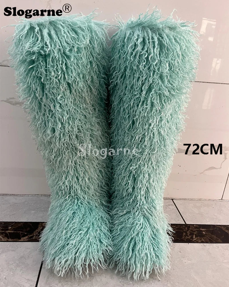 New Over The Knee Fur Boots Women Warm 72CM Long Faux Mongolian Fur Snow Boots Winter Luxury Fluffy Shoes Plush Platform Shoes