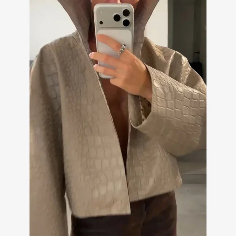 Women Cropped Faux Croc Leather Jacket Loose Solid Fashion Stand Collar Outerwear 2026 Autumn Street Winter Casual Party Coats
