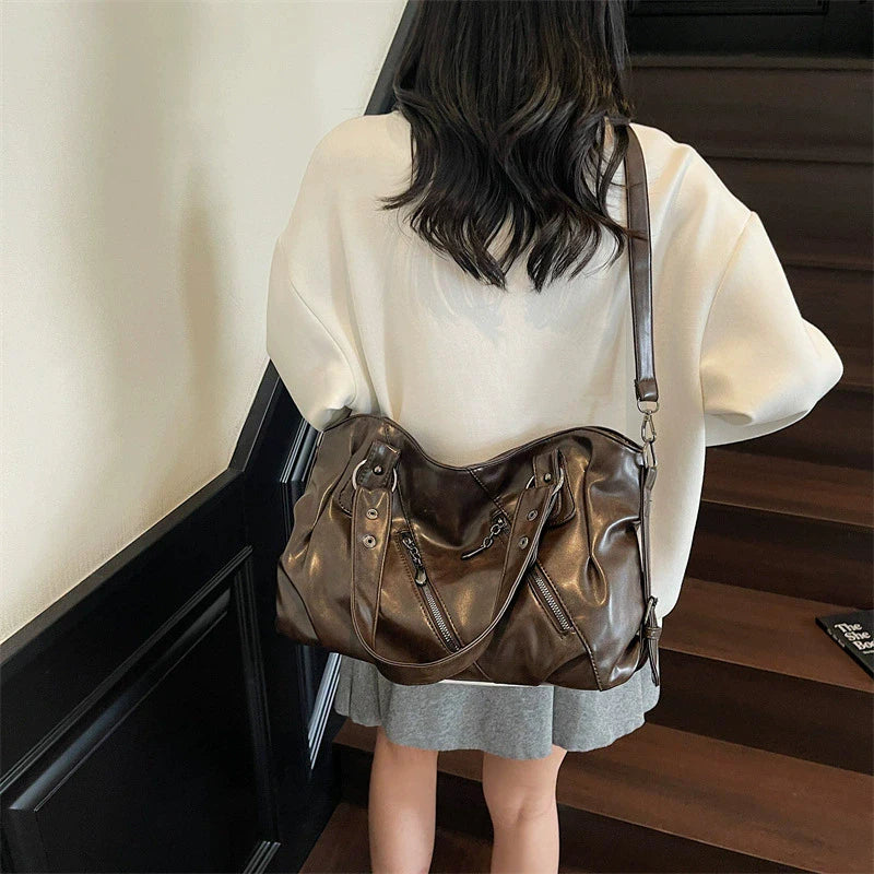 Retro Brand Roomy Shoulder Bag Female Luxury Solid Color Classic Crossbody Bag Large Capacity Style Soft PU Leather Tote Bag