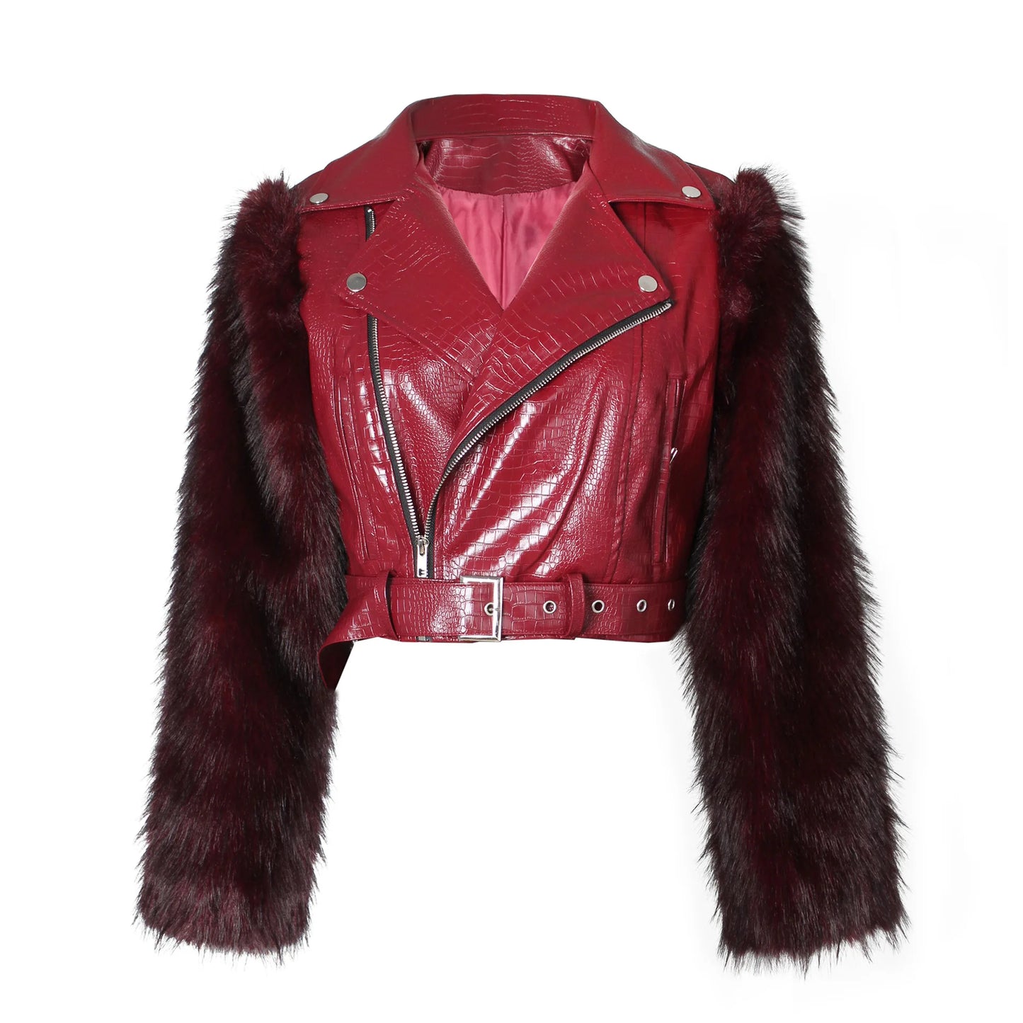 Leosoxs Winter New Sexy Fur Leather Patchwork Jacket for Woman Motorcycle Lapel Zipper Crop Coat  Female Streetwear Clothing
