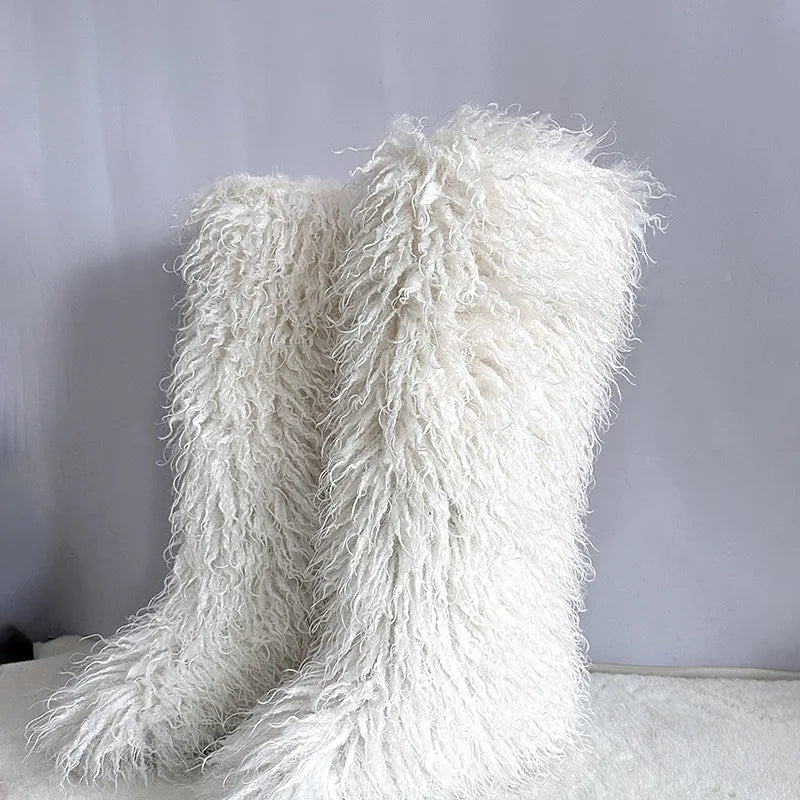 New Over The Knee Fur Boots Women Warm 72CM Long Faux Mongolian Fur Snow Boots Winter Luxury Fluffy Shoes Plush Platform Shoes