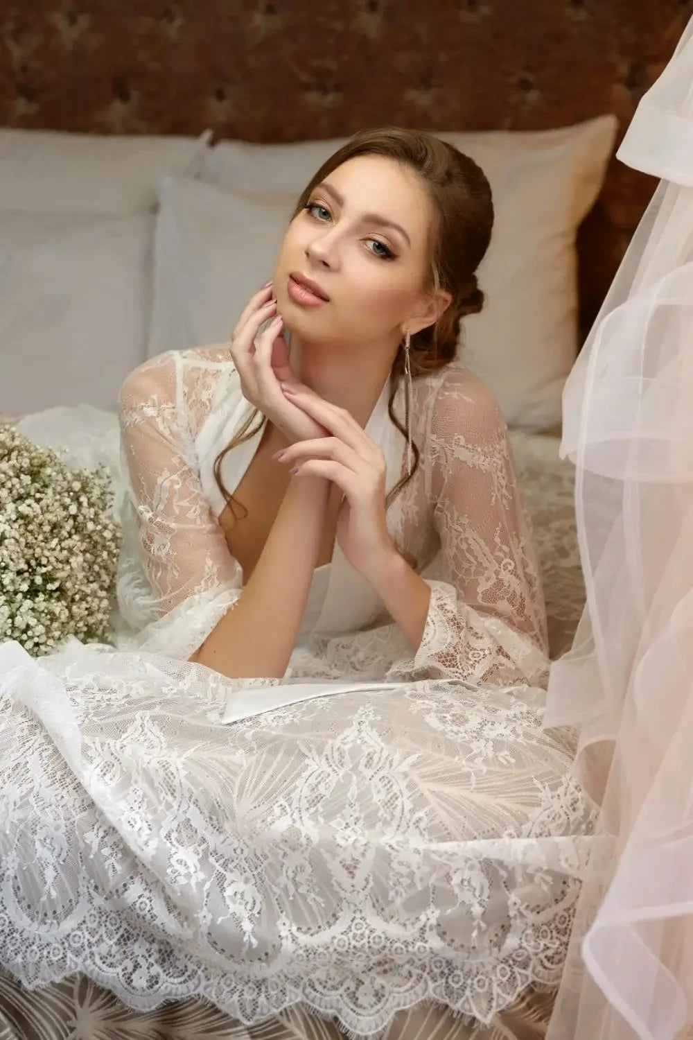 2 Pieces Wedding Robe Dress Customized Beach Full Lace Sexy Bridal Gowns for Photoshoot Night Gown