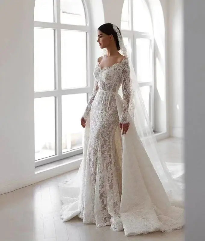 Customized Elegant Mermaid Wedding Dresses Off The Shoulder Long Sleeve Lace Bridal Dress Formal Wedding Ball Prom Gown
