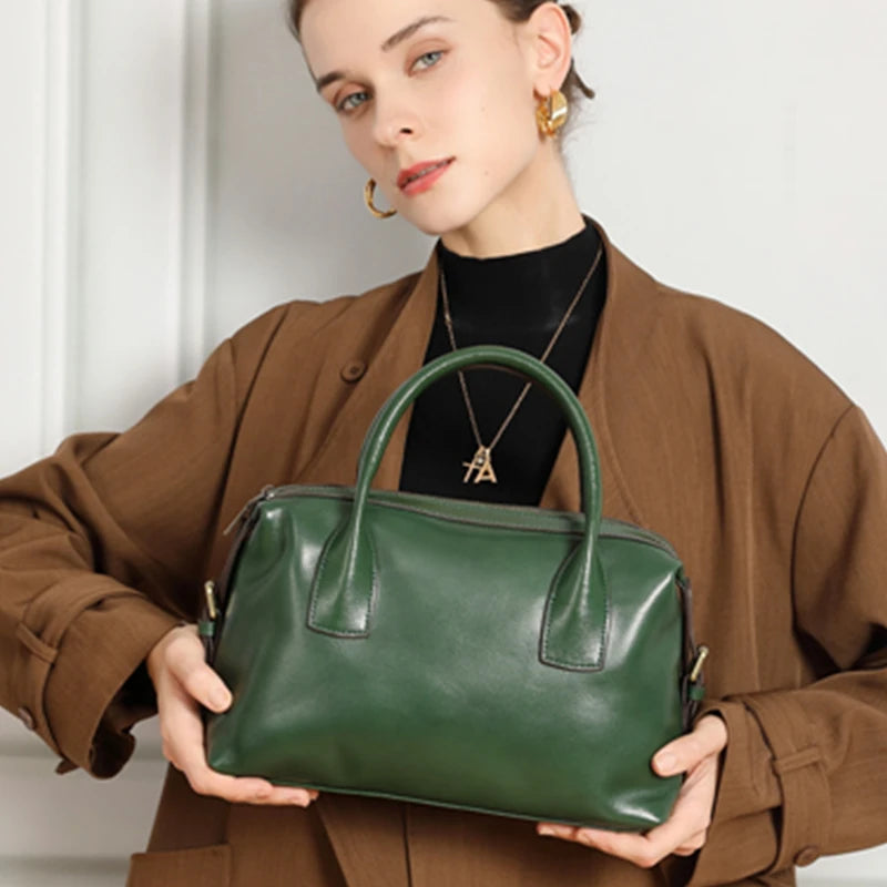 BURMINSA Genuine Cowhide Leather Handbags For Women Retro Pillow Top Handle Bags Bowling Daily Work Crossbody Shoulder Purses