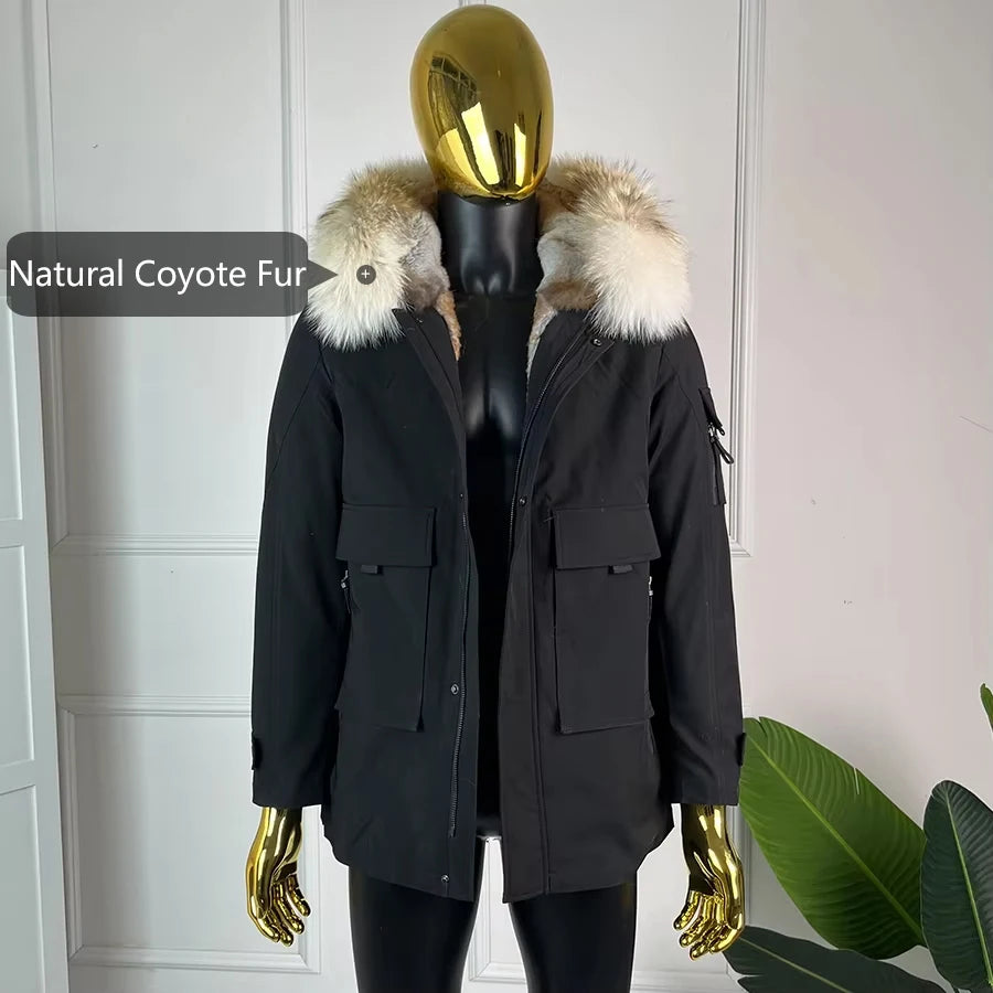 Winter Mens Outerwear Mens Fur Coat Detachable Real Coyote Fur Collar Rabbit Fur Liner Hooded Parka Fashion High Quality