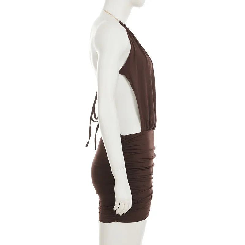 Metal Ring Halter Ruched Bodycon Mini Dress Women 2025 Summer Sleeveless Lace Up Backless Hipster Slim Party Clubwear Vestidos