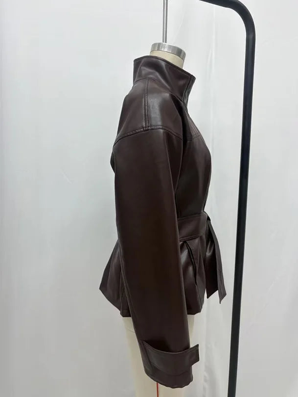Belted Waist Stand Collar Women PU Jacket Drop Shoulder Long Sleeve Cuff Button Short Cropped Loose Faux Leather Jacket Commute