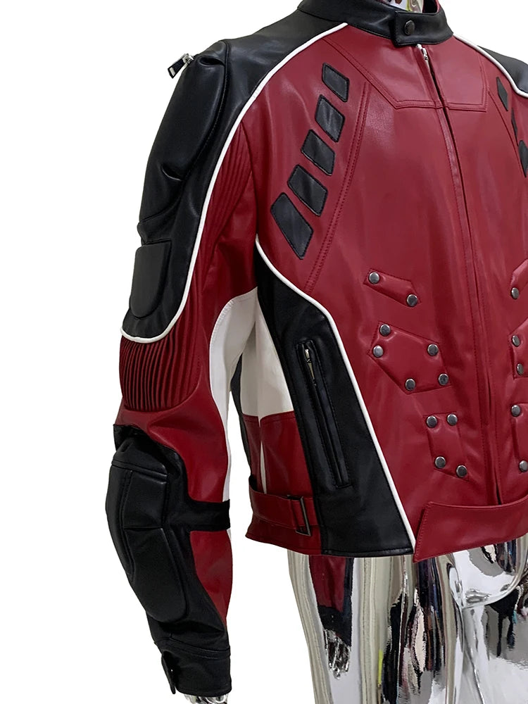 Nerazzurri Autumn Winter Short Color Block Pu Leather Racer Jacket Men Shoulder Pads Rivet Zipper Luxury Designer Clothes 2025