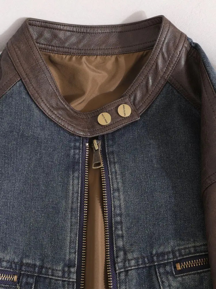 Women American Retro Denim Spliced Leather Jacket Women's 2026 Autumn New Models Are Popular This Year, Small Short Jackets