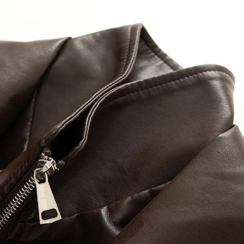New Fall Winter High Street Warm Brown Zipper Pu Leather Jacket Women Casual Lapel Elastic Waist Cinching Coat Outwear Clothes