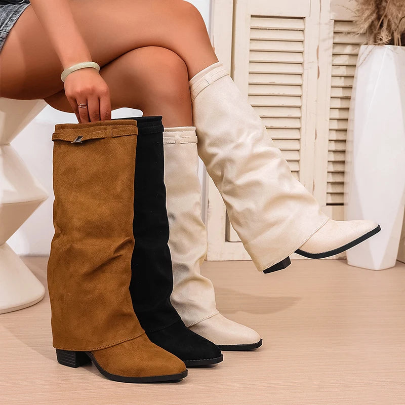 Fashion Slip On High Heeled Knee High Boots Women Autumn Winter High Tube Rider Boots Woman Pointed Toe Thick Heel Long Botas