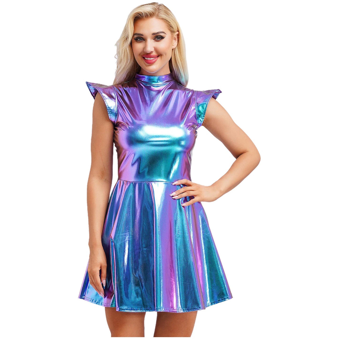 Womens Astronaut Alien Outer Space Alien Robot Cosplay Dress Halloween Cutie Costume Sequin Metallic Shiny A-line Mini Dresses