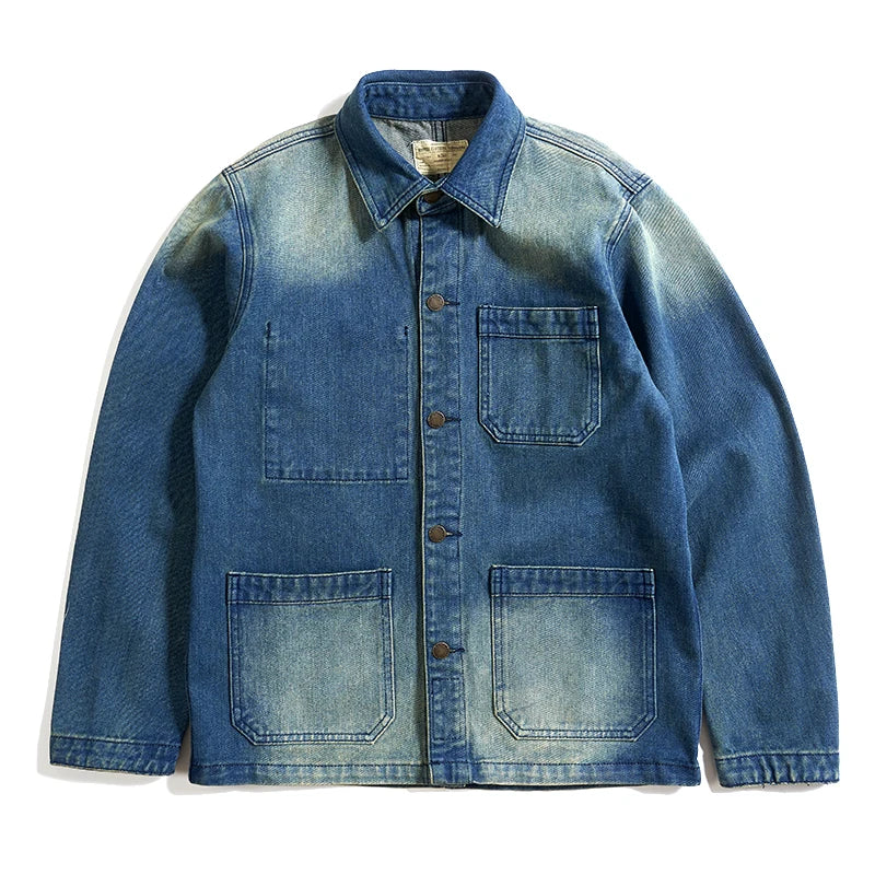 American Retro Thickened Heavyweight Men's Denim Jacket Casual Autumn Winter Workwear Outerwear Standard Fit Multi-Pocket Washed