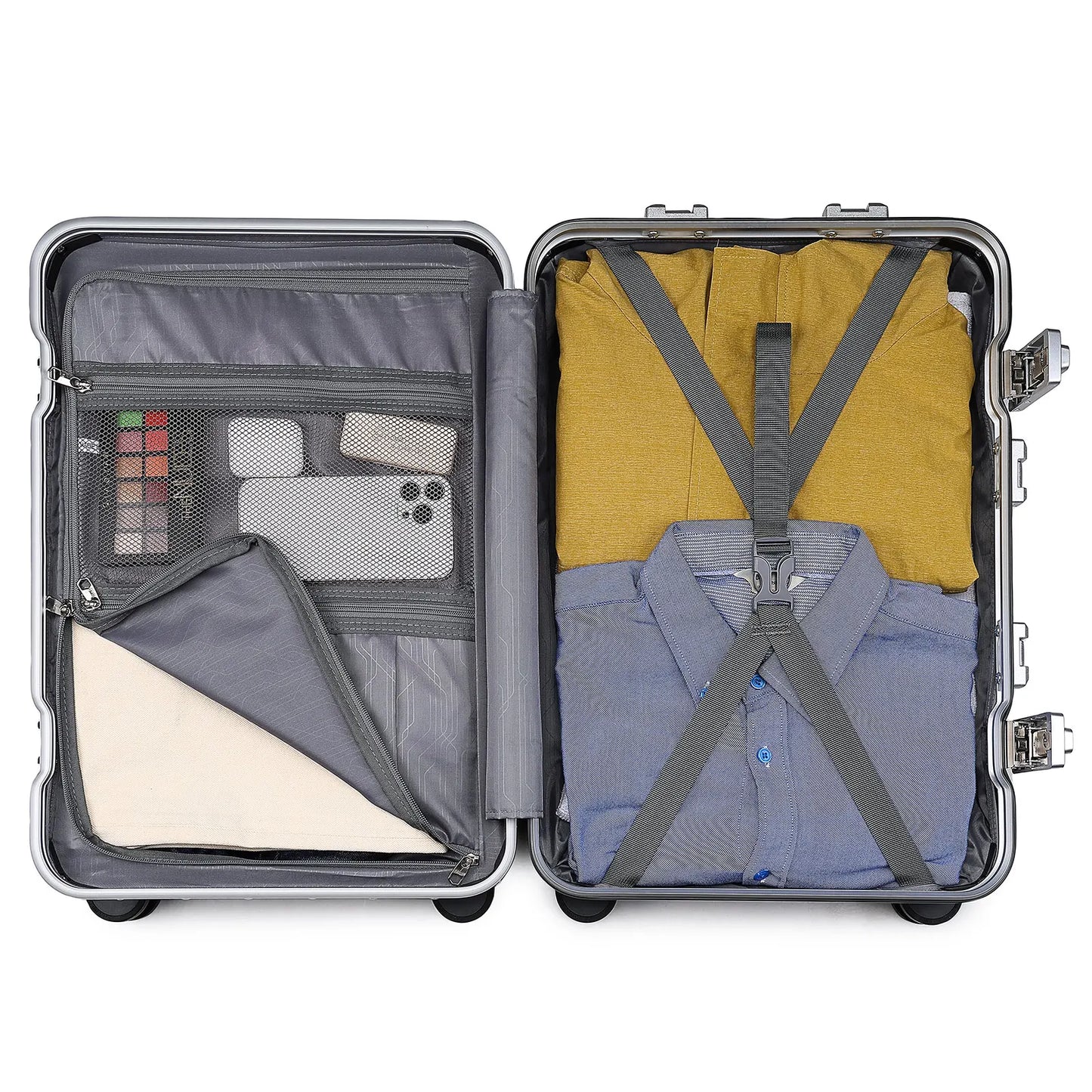 Hard Case Suitcase Trolley Aluminum Frame suitcase PC hand luggage with 4 Rolls TSA Check-in Luggage Trackcase Black