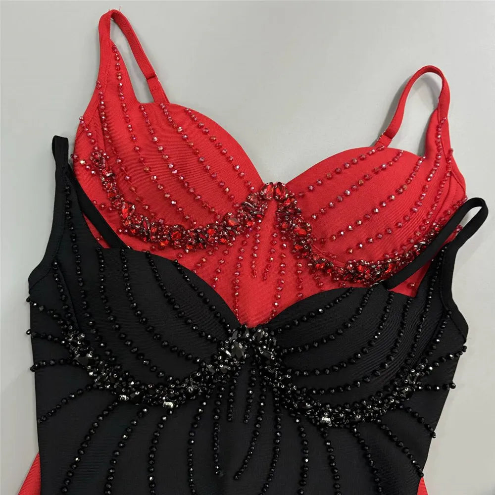 Women Sexy Beading Spaghetti Strap Bandage Dress Bodycon Clothes Club Party Celebrity Elegant Dresses