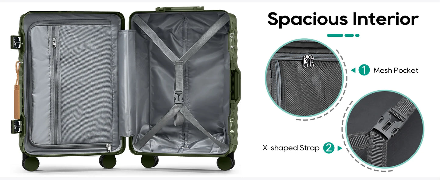 Joyway 20 inch Aluminium Carry on Luggage Suitcase with Front Pocket, USB Port, Cup Holder, TSA Lock and Spinner Wheels