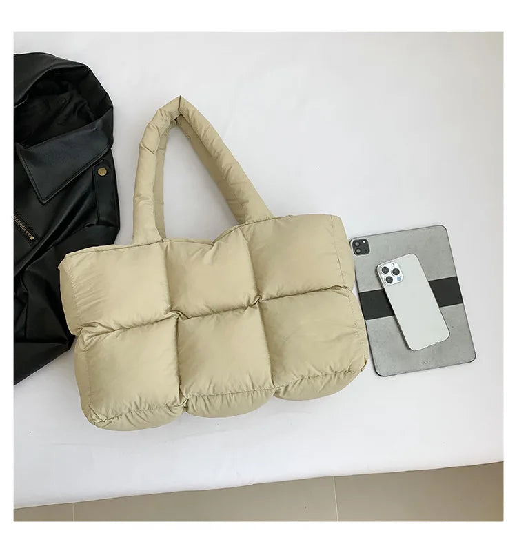 Women Tote Handbags Quilted Plaid Bag Retro Trendy Checkered Waterproof Shoulder Bag Solid Color Winter Soft Large Capacity Bags