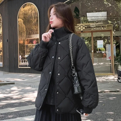 2024 Korean Style Argyle Spliced Down Coat Petite Cropped Warm Stand Collar Cotton Padded Jacket For Women Long Sleeves