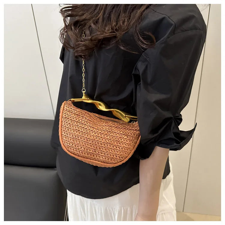 Luxury Metal Handle Clutch Bag Women Exquisite Handmade Rattan Woven crossbody Bag Half-moon Beach Bags Roomy Straw Tote Bag
