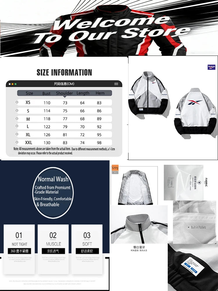 Reebok Men's Windproof Jacket 2026 Hip-Hop Street Style Zipper Jacket Harajuku Lightweight Sport Coat Comfortable and Cool to We