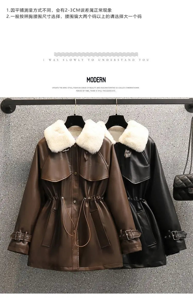 2026 Winter Age Reduction with Thick Velvet Loose Stand up Collar Motorcycle Wear PU Leather Jacket Long Sleeve Coat for Women