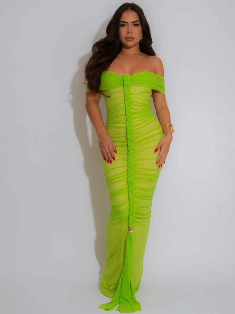 Off The Shoulder Dresses for Woman Transparent Mesh Long Summer Dress Sexy Draped Skinny Dress Evening Wholesale Dropshipping