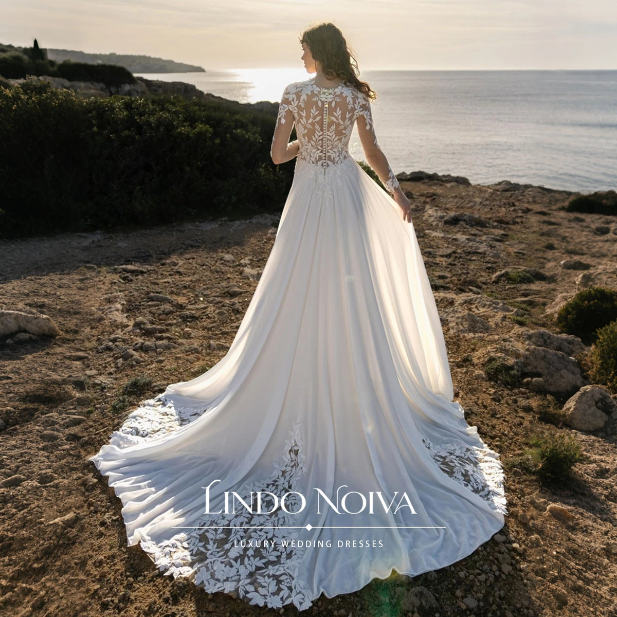 LINDO NOIVA Customized Chiffon A‑Line Wedding Dress Deep V Neck Lace Sleeves Bridal Gown Boho Vestido De Noiva For Women