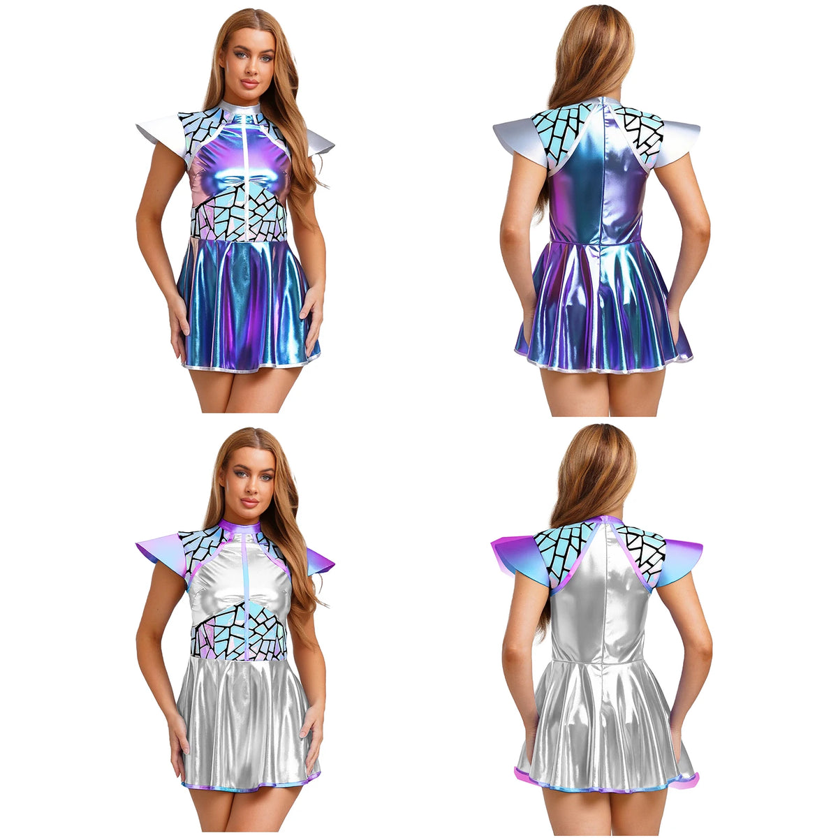 Womens Astronaut Alien Outer Space Alien Robot Cosplay Dress Halloween Cutie Costume Sequin Metallic Shiny A-line Mini Dresses