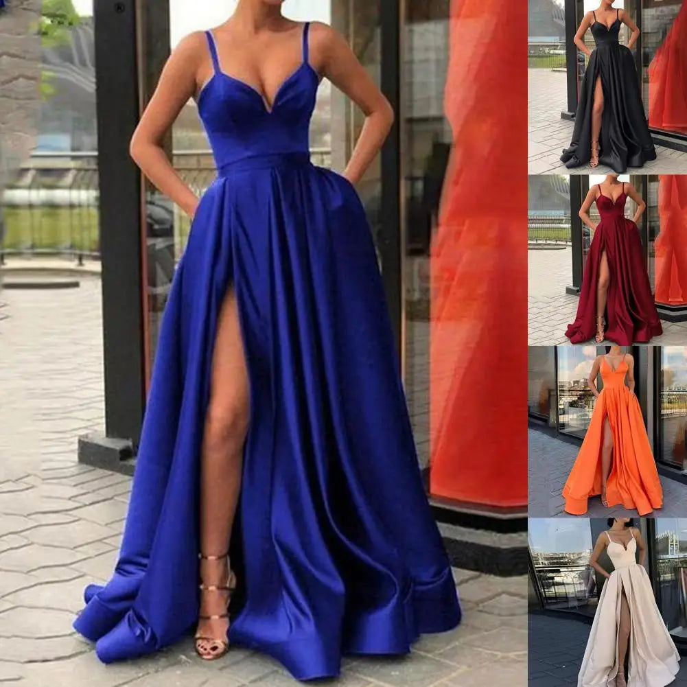 2026 Women's Wedding Party Evening Dresses Solid Elegant Side Slit A-Line Satin Sleeveless Straps Maxi Dress Sexy Banquet Gown