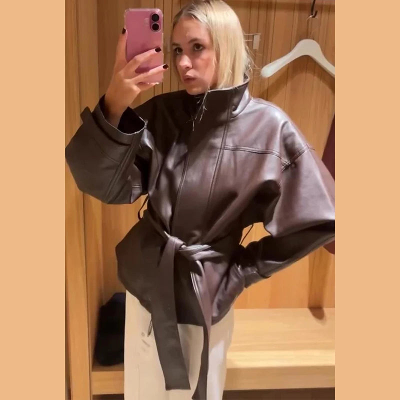 Faux Leather Jacket Stand Collar Winderbreaker Woman Waist Tie Belt Coat Long Sleeve Loose PU Leather Coat Street Wear Clothes