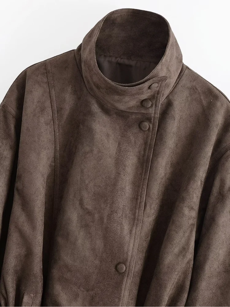 Women Brown Faux Suede Short Jacket Tie‑waist Long Sleeve Vintage Streetwear 2026 Lady New Autumn Winter Casual Outerwear Coat