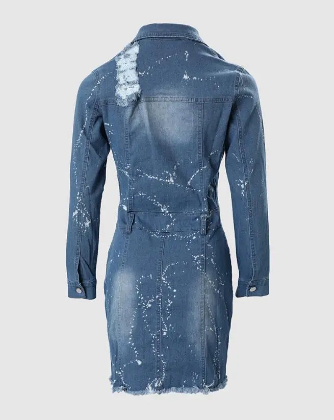 Women's Dresses 2023 Spring Fashion Ink Splash Ripped Raw Hem Button Front Casual Turn-Down Collar Long Sleeve Mini Denim Dress