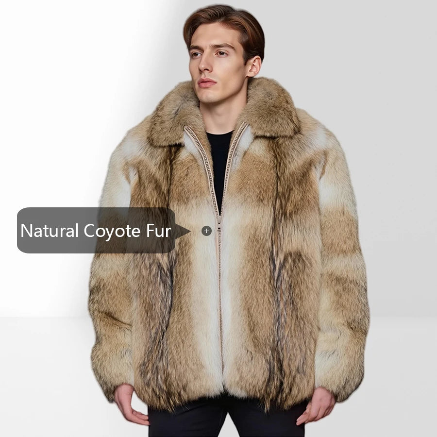 Real Coyote Fur Zippered Jacket Genuine Coyote Fur Jacket With Turndown Collar Bolero Jacket Fashion Natural Fur Jacket Men