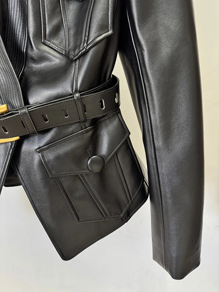 2026 new luxury and fashionable women's clothing belt slim fit leather jacket with multiple pockets motorcycle fashion jacket