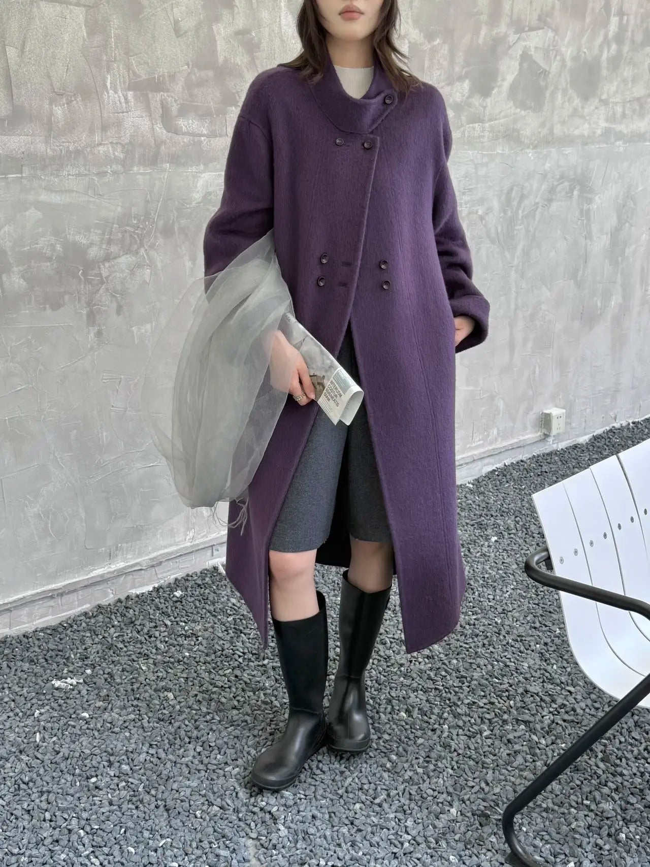 Ladies' 100% wool coat, high-end slimming stand up collar, double breasted loose long woolen coat, autumn and winter bestseller