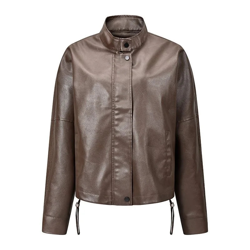 Fashionable Short Casual 3D Leather Jacket Women's Stand Collar Leather Coat Autumn 2026 Thick Synthetic Leather No Brand