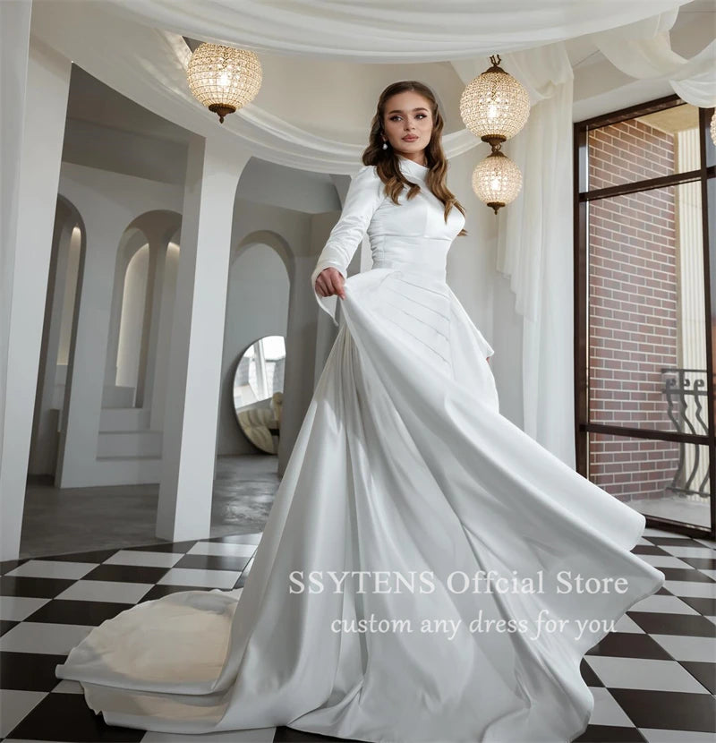 Formal Wedding Dresses High Neck Long Sleeves Mermaid Bride Bridal Gown Floor Length Muslim Customized White Civil Wedding Dress