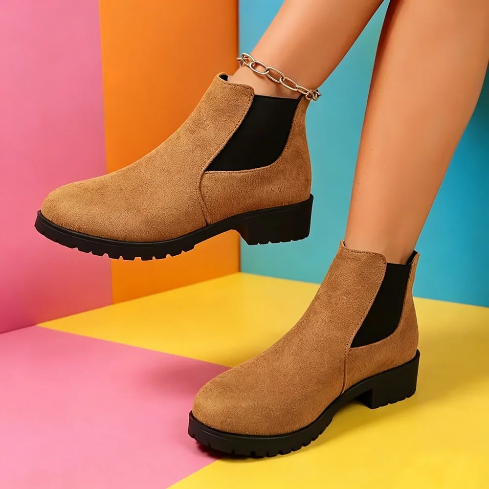 Women Suede Chelsea Boots Thick Sole Elastic Side Non Slip Casual Footwear All Season Daily Wear Comfortable Fit Chunky Design